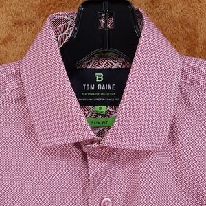 TOM BAINE Dress Shirt Mens 14 14.5 Red Geo Performance Stretch Contrast Cuff